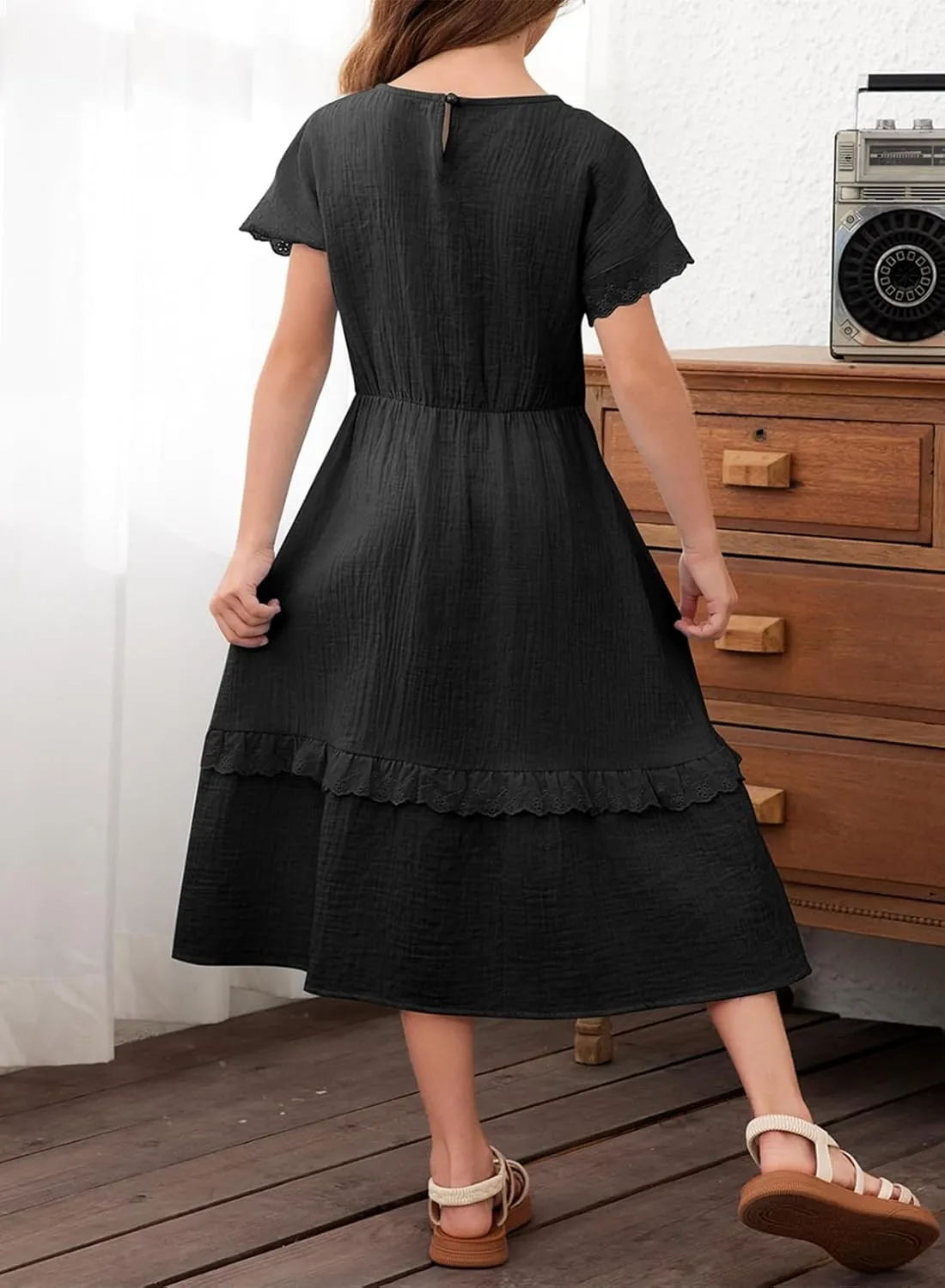 blibean Girls Cotton Short Sleeve Dresses Lace Semi Formal Dress Size 6-15 Years