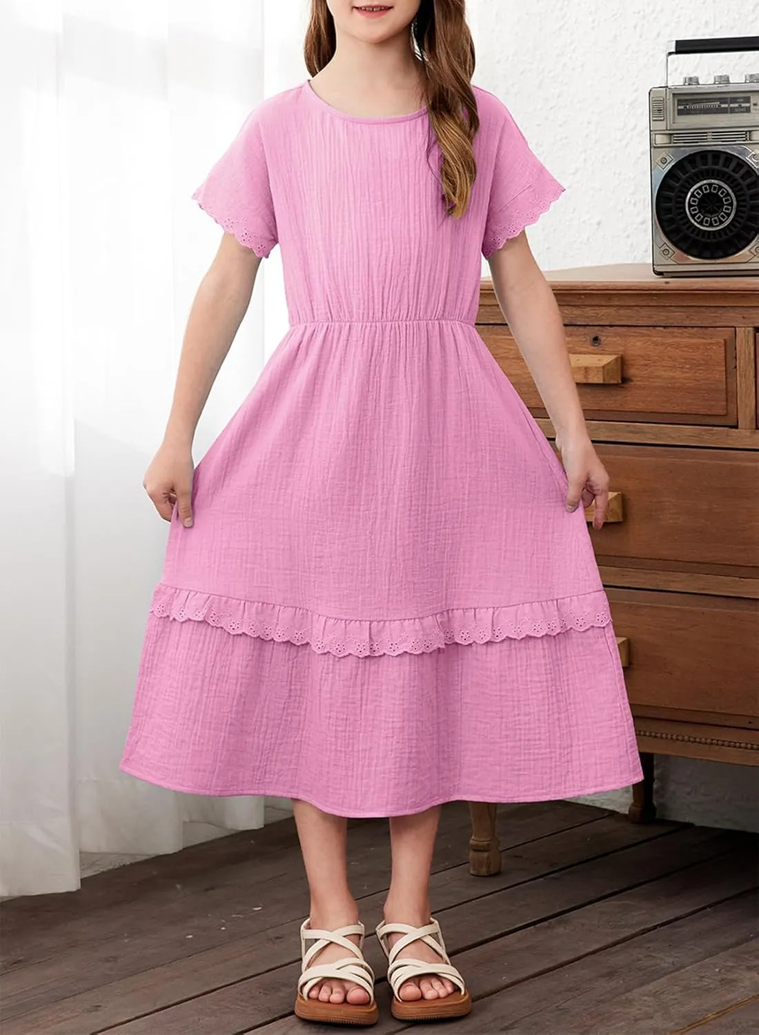 blibean Girls Cotton Short Sleeve Dresses Lace Semi Formal Dress Size 6-15 Years