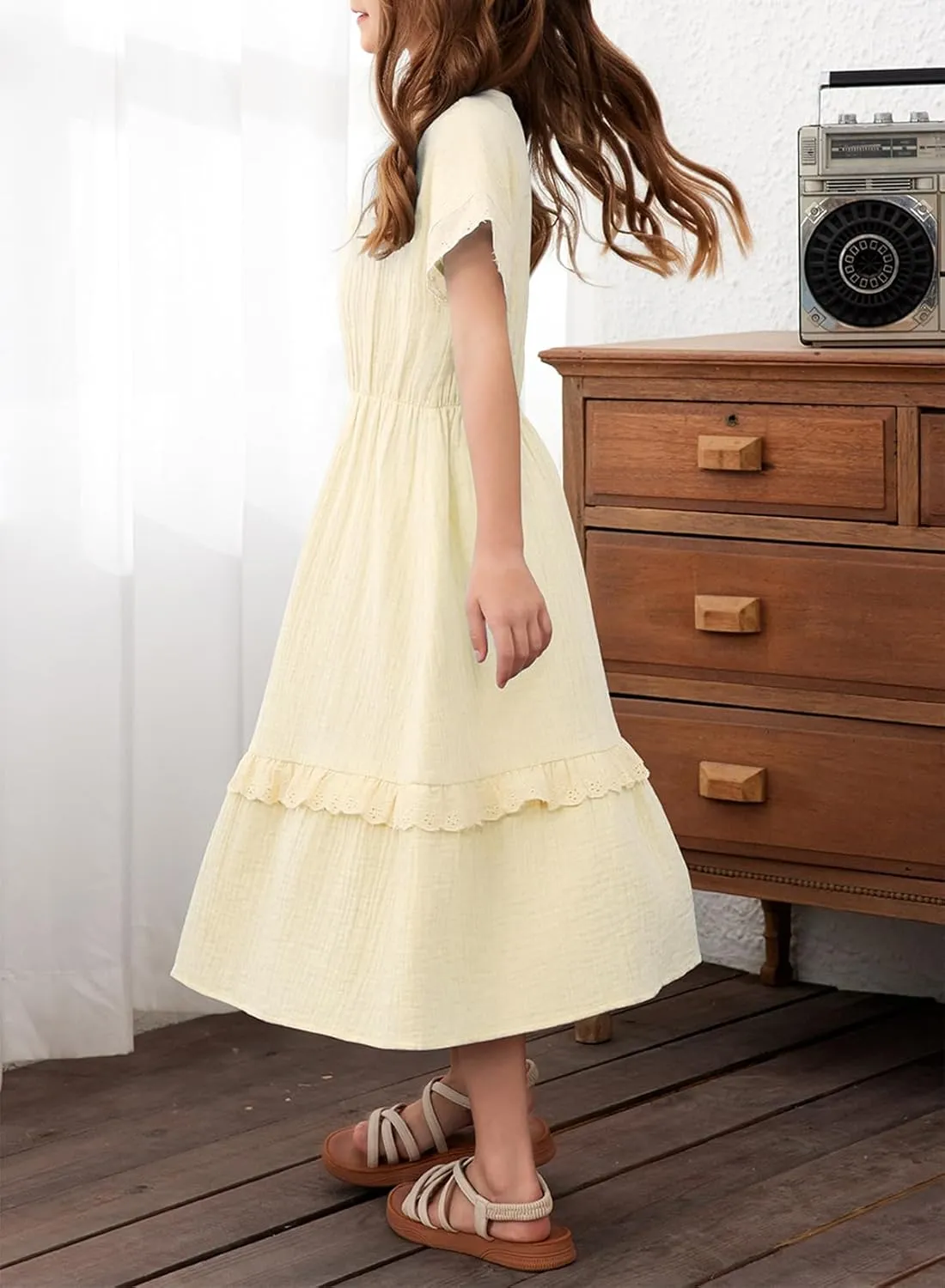 blibean Girls Cotton Short Sleeve Dresses Lace Semi Formal Dress Size 6-15 Years