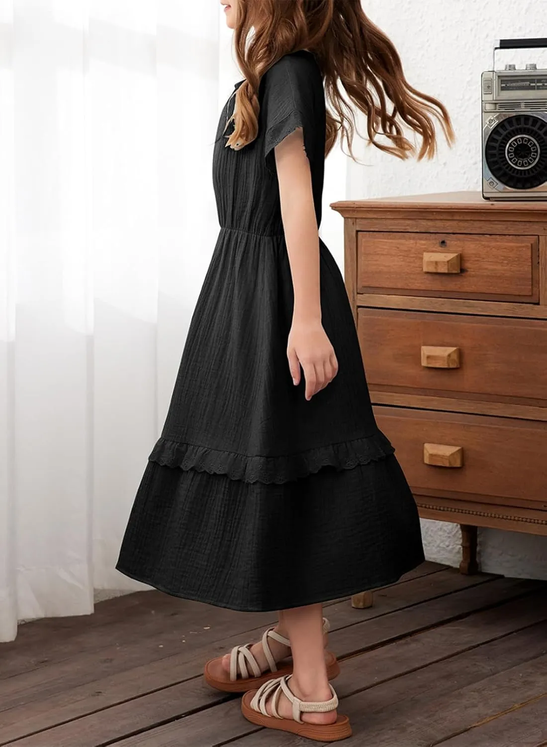 blibean Girls Cotton Short Sleeve Dresses Lace Semi Formal Dress Size 6-15 Years
