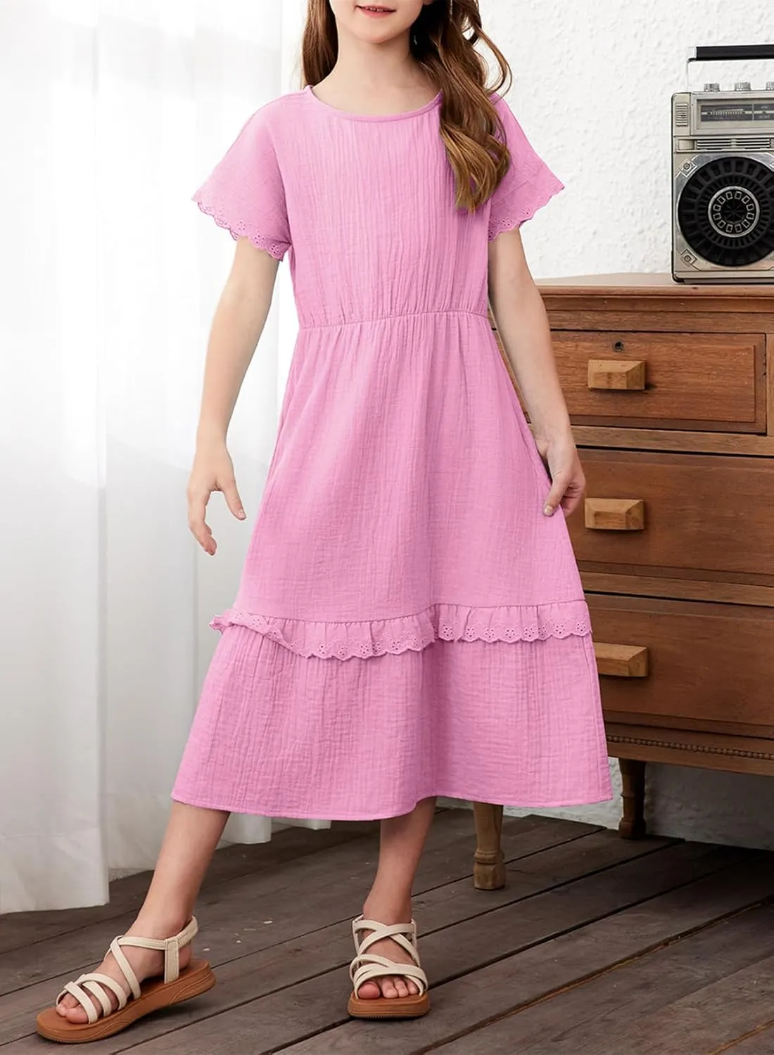blibean Girls Cotton Short Sleeve Dresses Lace Semi Formal Dress Size 6-15 Years