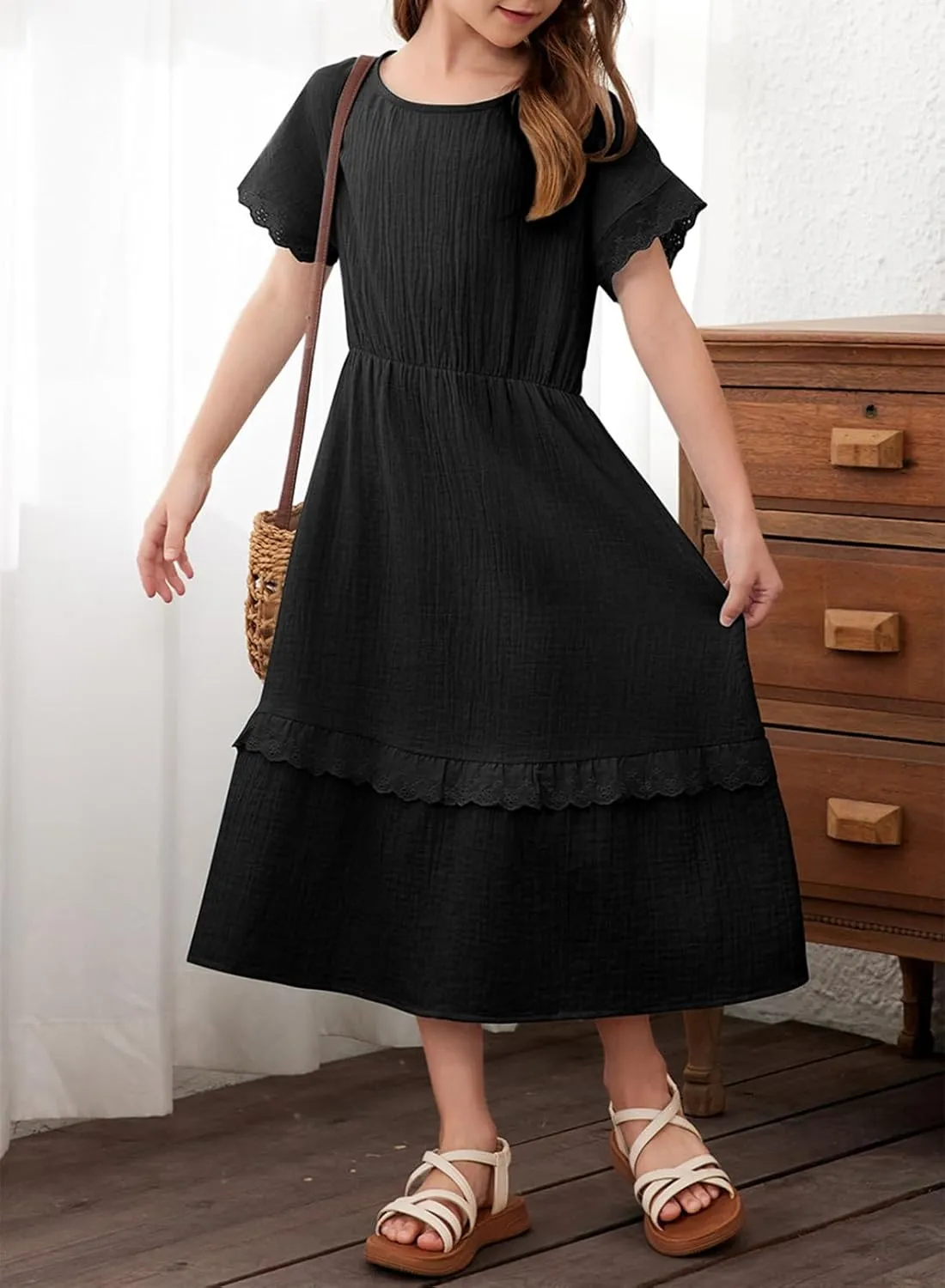 blibean Girls Cotton Short Sleeve Dresses Lace Semi Formal Dress Size 6-15 Years