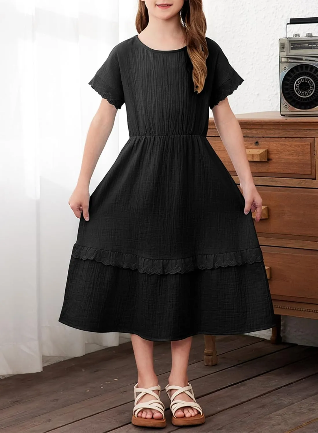 blibean Girls Cotton Short Sleeve Dresses Lace Semi Formal Dress Size 6-15 Years
