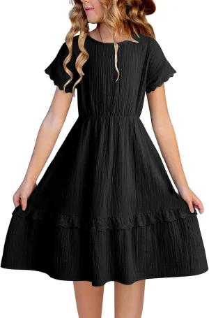 blibean Girls Cotton Short Sleeve Dresses Lace Semi Formal Dress Size 6-15 Years