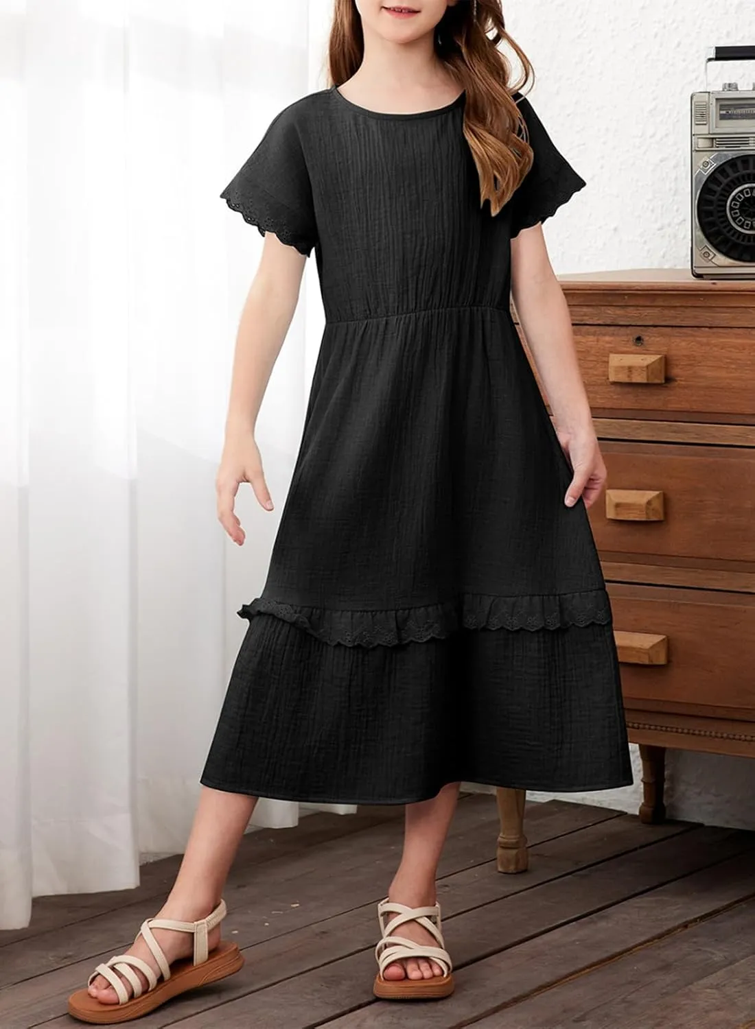 blibean Girls Cotton Short Sleeve Dresses Lace Semi Formal Dress Size 6-15 Years