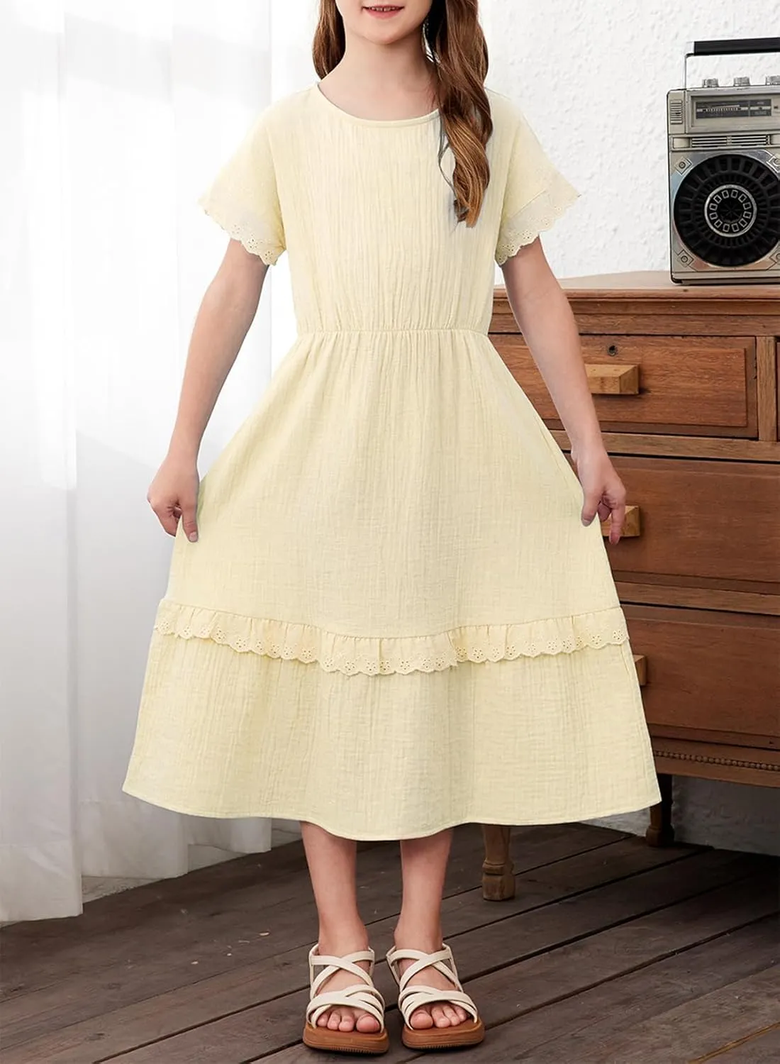 blibean Girls Cotton Short Sleeve Dresses Lace Semi Formal Dress Size 6-15 Years