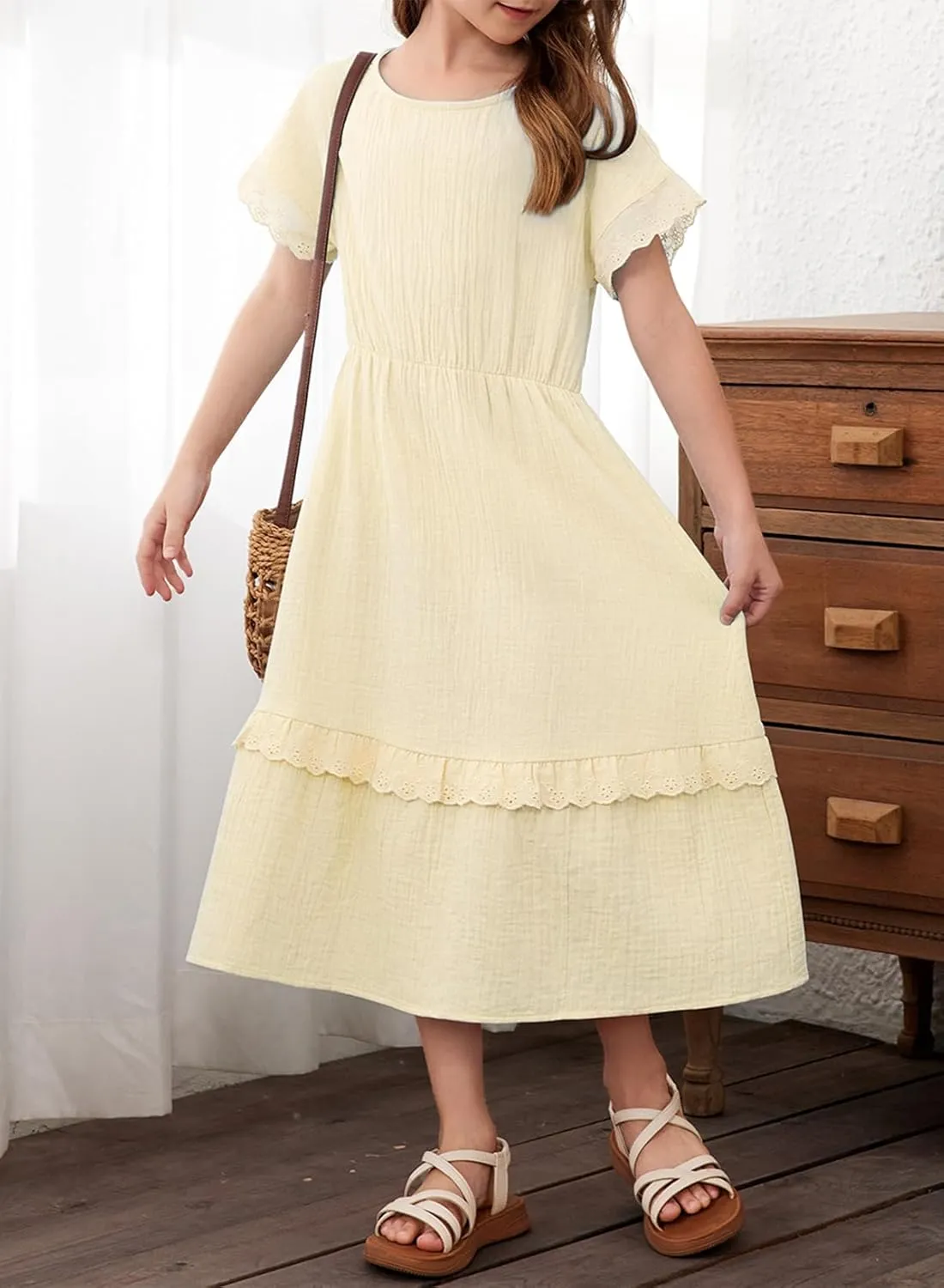 blibean Girls Cotton Short Sleeve Dresses Lace Semi Formal Dress Size 6-15 Years