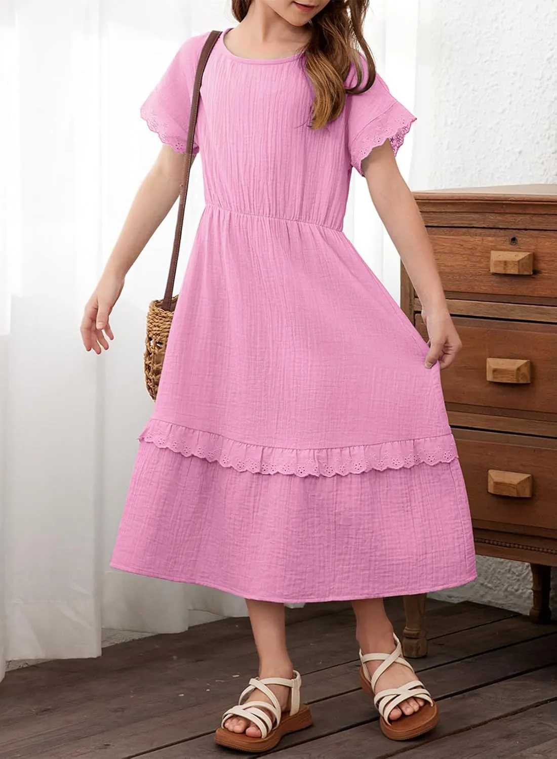 blibean Girls Cotton Short Sleeve Dresses Lace Semi Formal Dress Size 6-15 Years
