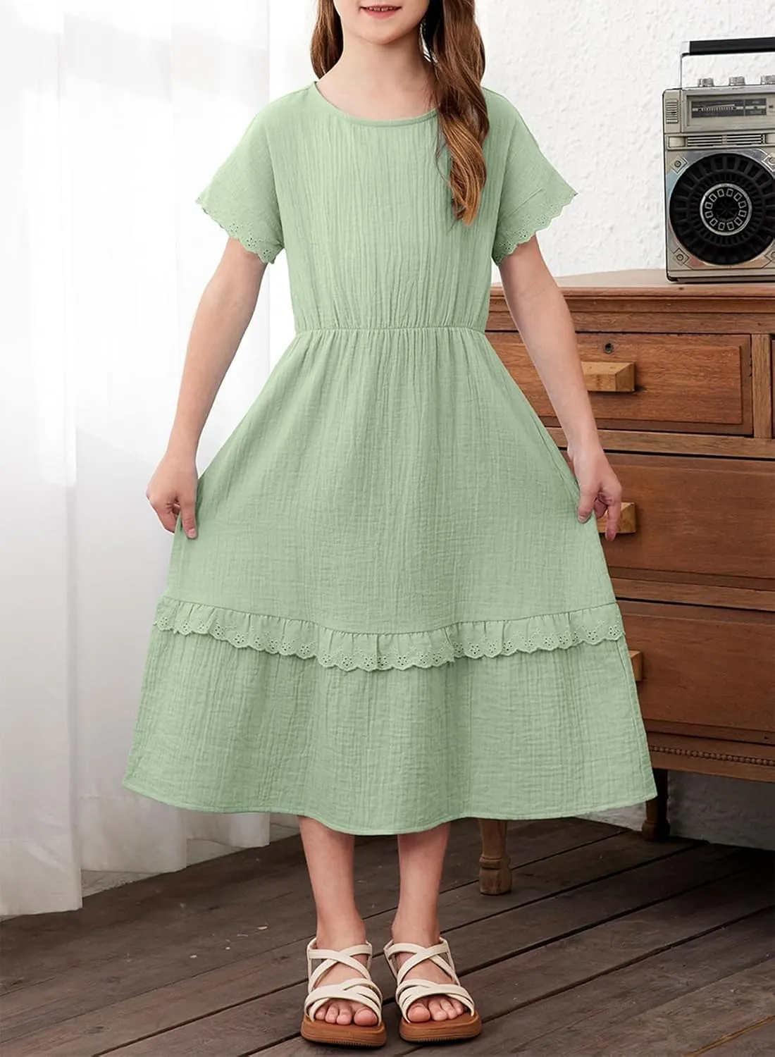 blibean Girls Cotton Short Sleeve Dresses Lace Semi Formal Dress Size 6-15 Years