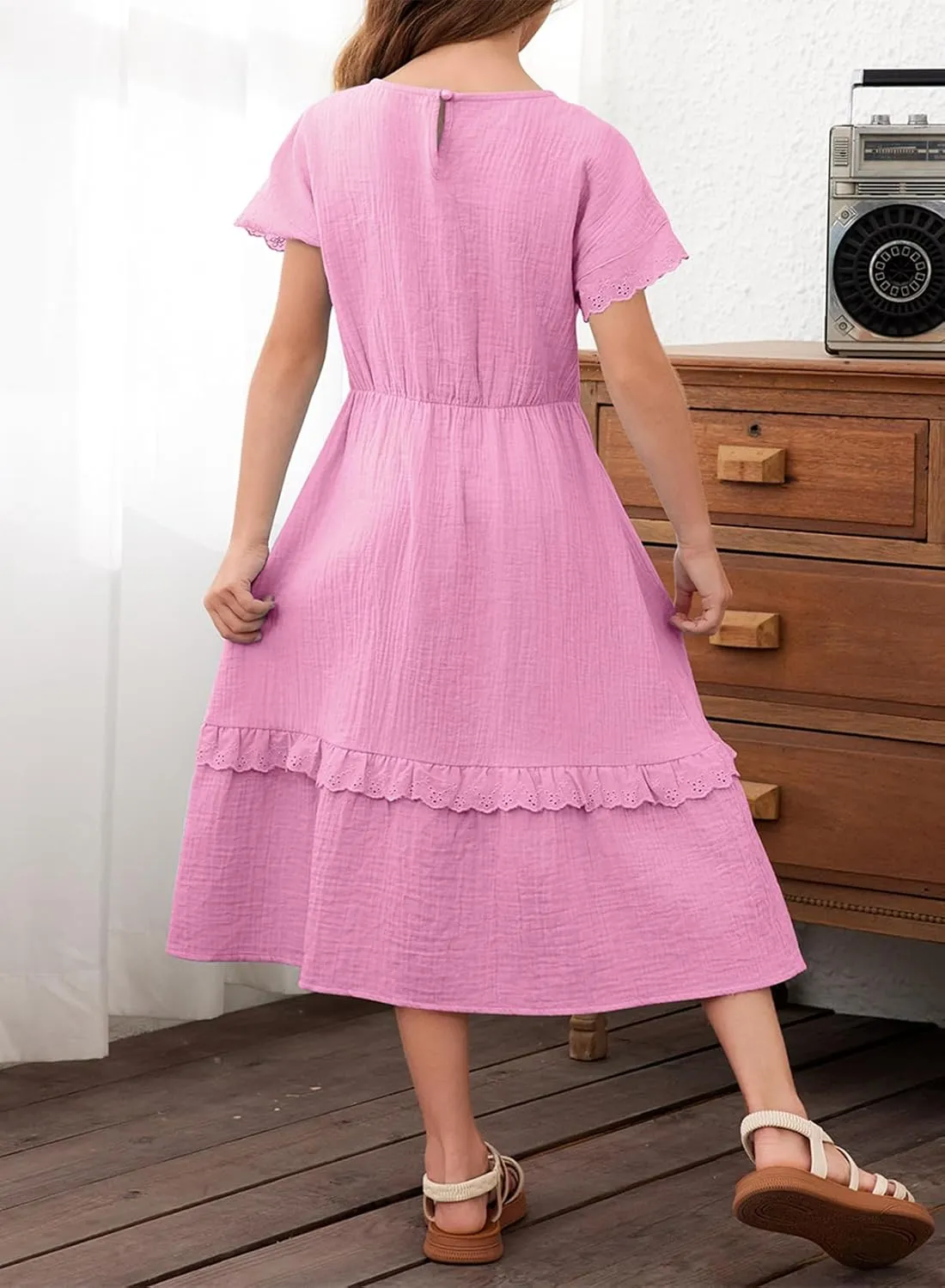 blibean Girls Cotton Short Sleeve Dresses Lace Semi Formal Dress Size 6-15 Years