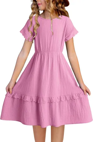 blibean Girls Cotton Short Sleeve Dresses Lace Semi Formal Dress Size 6-15 Years