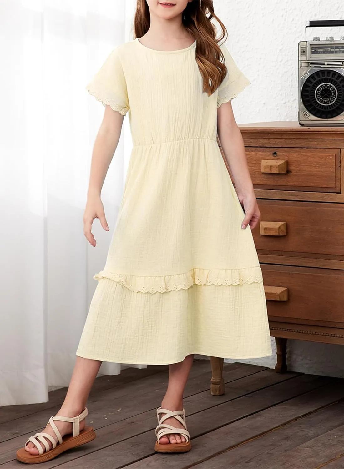 blibean Girls Cotton Short Sleeve Dresses Lace Semi Formal Dress Size 6-15 Years