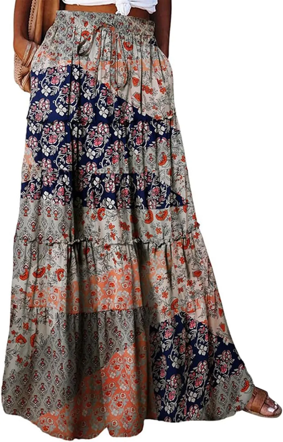Boho Floral Skirt for Women High Waist A Line Flowy Tiered Skirts Summer Pleated Ruffle Long Maxi Skirt with Pockets