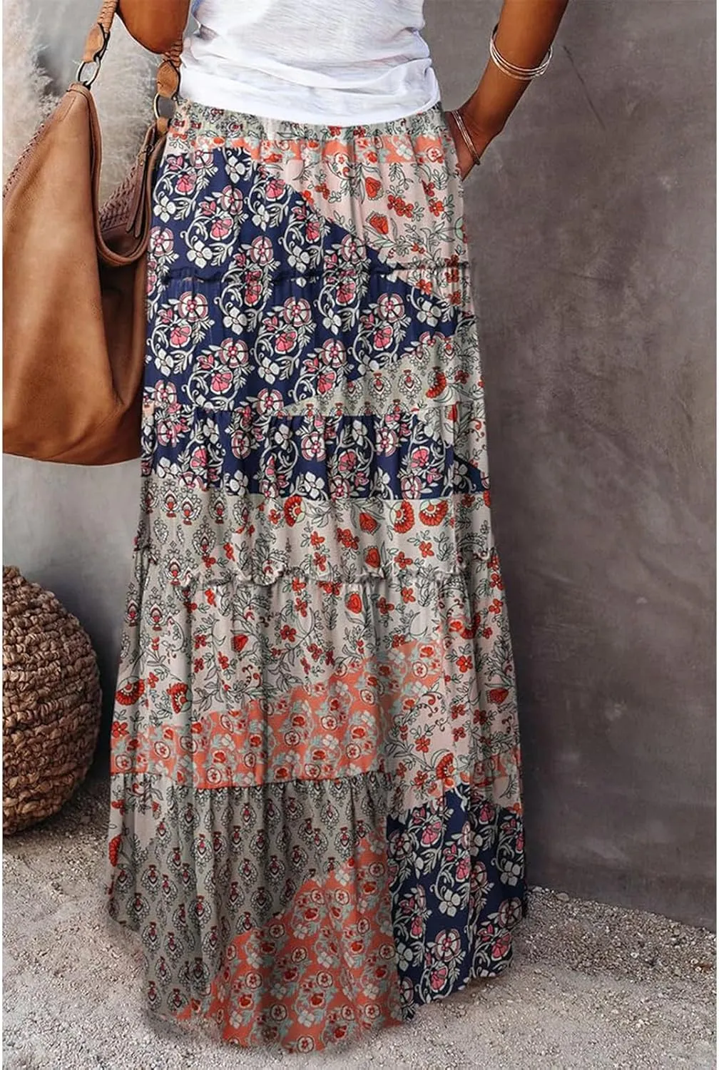Boho Floral Skirt for Women High Waist A Line Flowy Tiered Skirts Summer Pleated Ruffle Long Maxi Skirt with Pockets