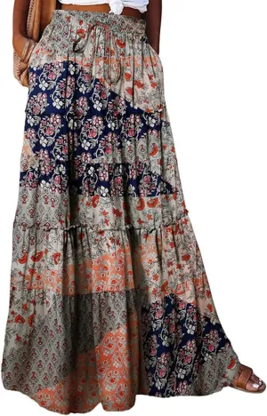 Boho Floral Skirt for Women High Waist A Line Flowy Tiered Skirts Summer Pleated Ruffle Long Maxi Skirt with Pockets