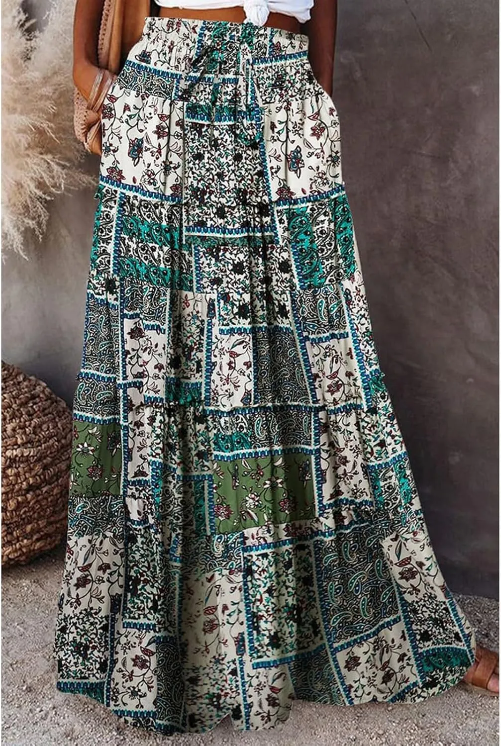 Boho Skirt for Women High Waist A Line Flowy Tiered Skirts Summer Floral Pleated Ruffle Long Maxi Skirt with Pockets
