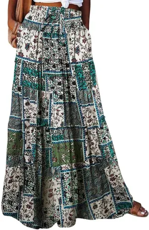 Boho Skirt for Women High Waist A Line Flowy Tiered Skirts Summer Floral Pleated Ruffle Long Maxi Skirt with Pockets