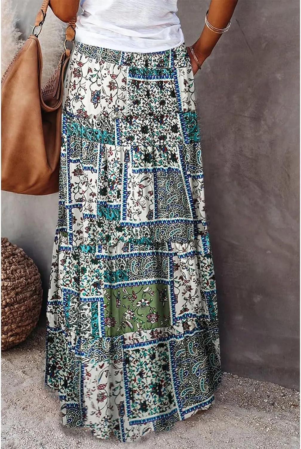 Boho Skirt for Women High Waist A Line Flowy Tiered Skirts Summer Floral Pleated Ruffle Long Maxi Skirt with Pockets