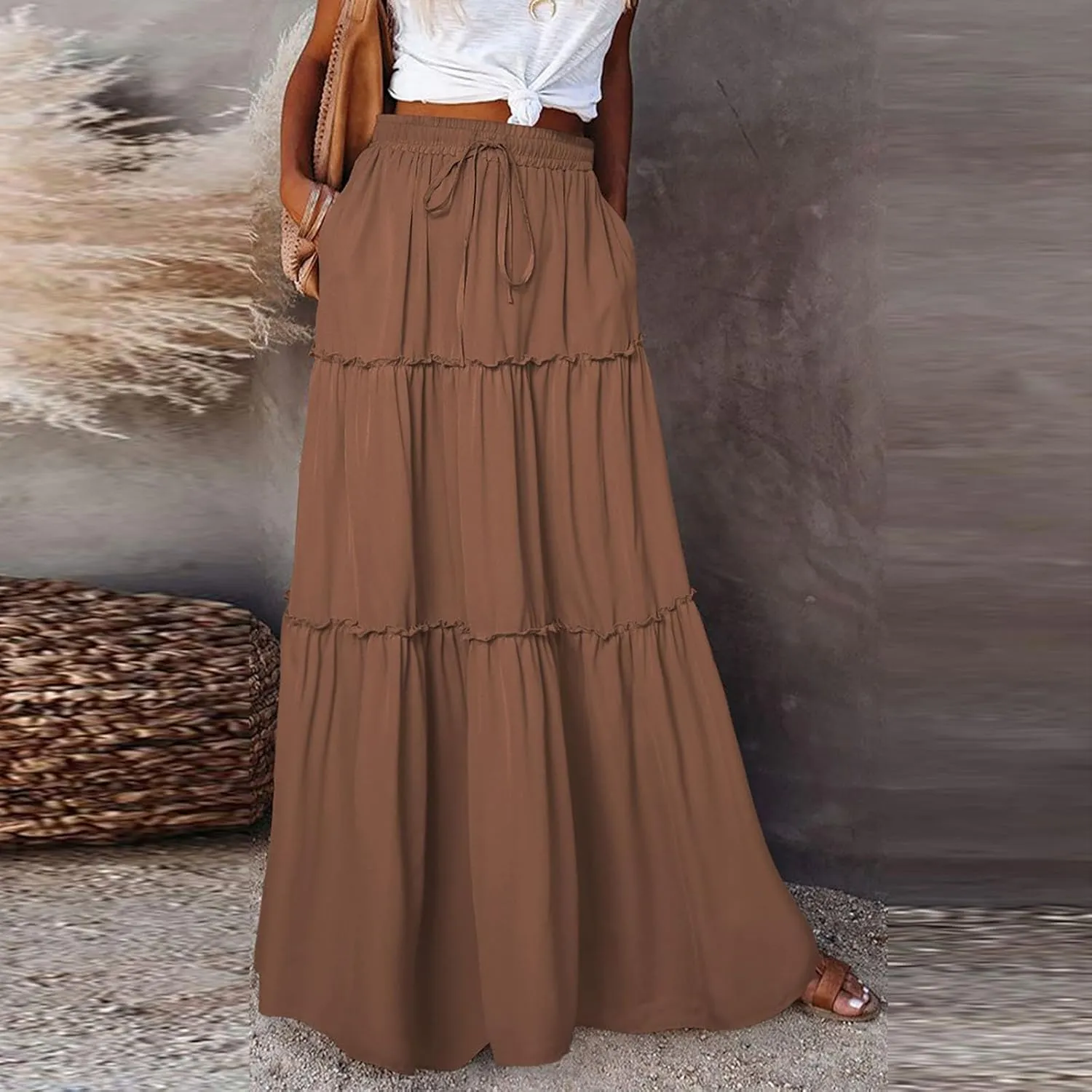 Boho Skirt for Women High Waist A Line Flowy Tiered Skirts Summer Floral Pleated Ruffle Long Maxi Skirt with Pockets