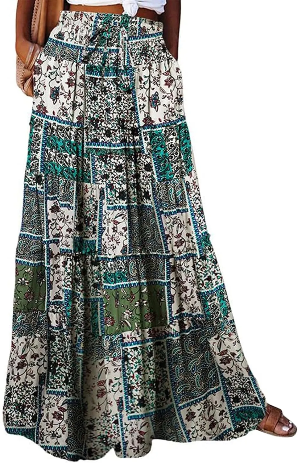 Boho Skirt for Women High Waist A Line Flowy Tiered Skirts Summer Floral Pleated Ruffle Long Maxi Skirt with Pockets