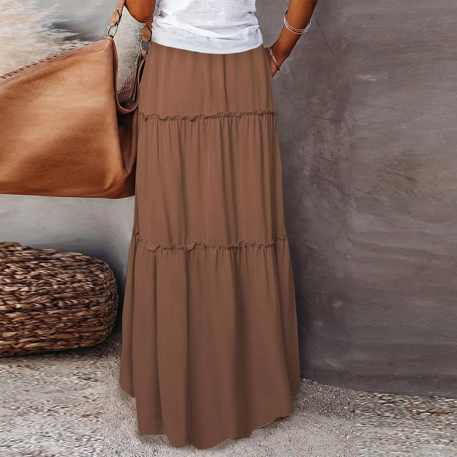 Boho Skirt for Women High Waist A Line Flowy Tiered Skirts Summer Floral Pleated Ruffle Long Maxi Skirt with Pockets