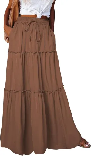 Boho Skirt for Women High Waist A Line Flowy Tiered Skirts Summer Floral Pleated Ruffle Long Maxi Skirt with Pockets