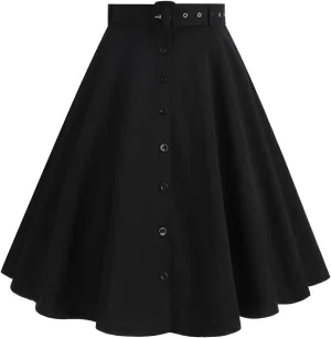 Button Front A Line Skirt for Women High Waist Flared Swing Midi Skirts with Belt Retro Style