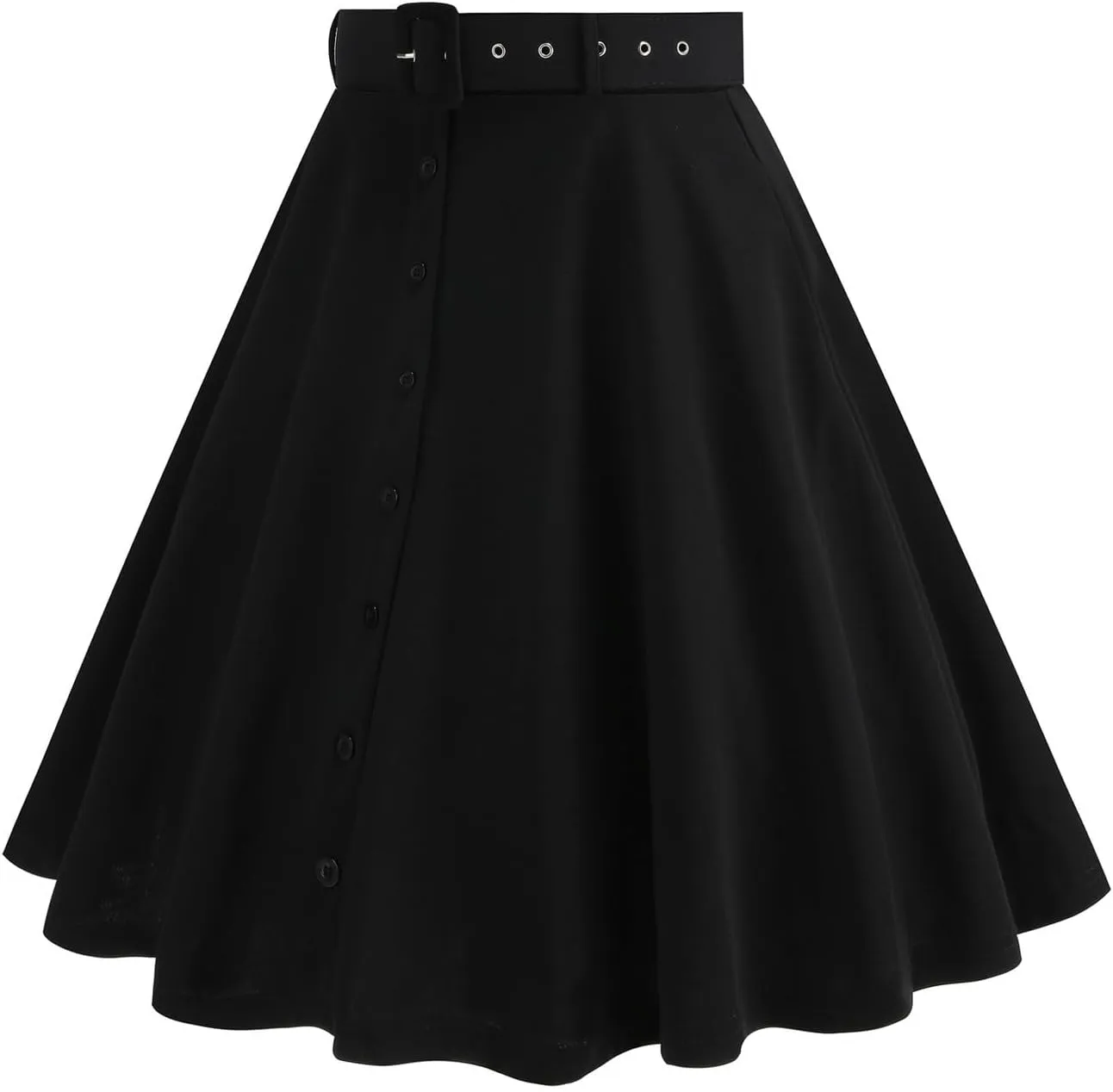 Button Front A Line Skirt for Women High Waist Flared Swing Midi Skirts with Belt Retro Style