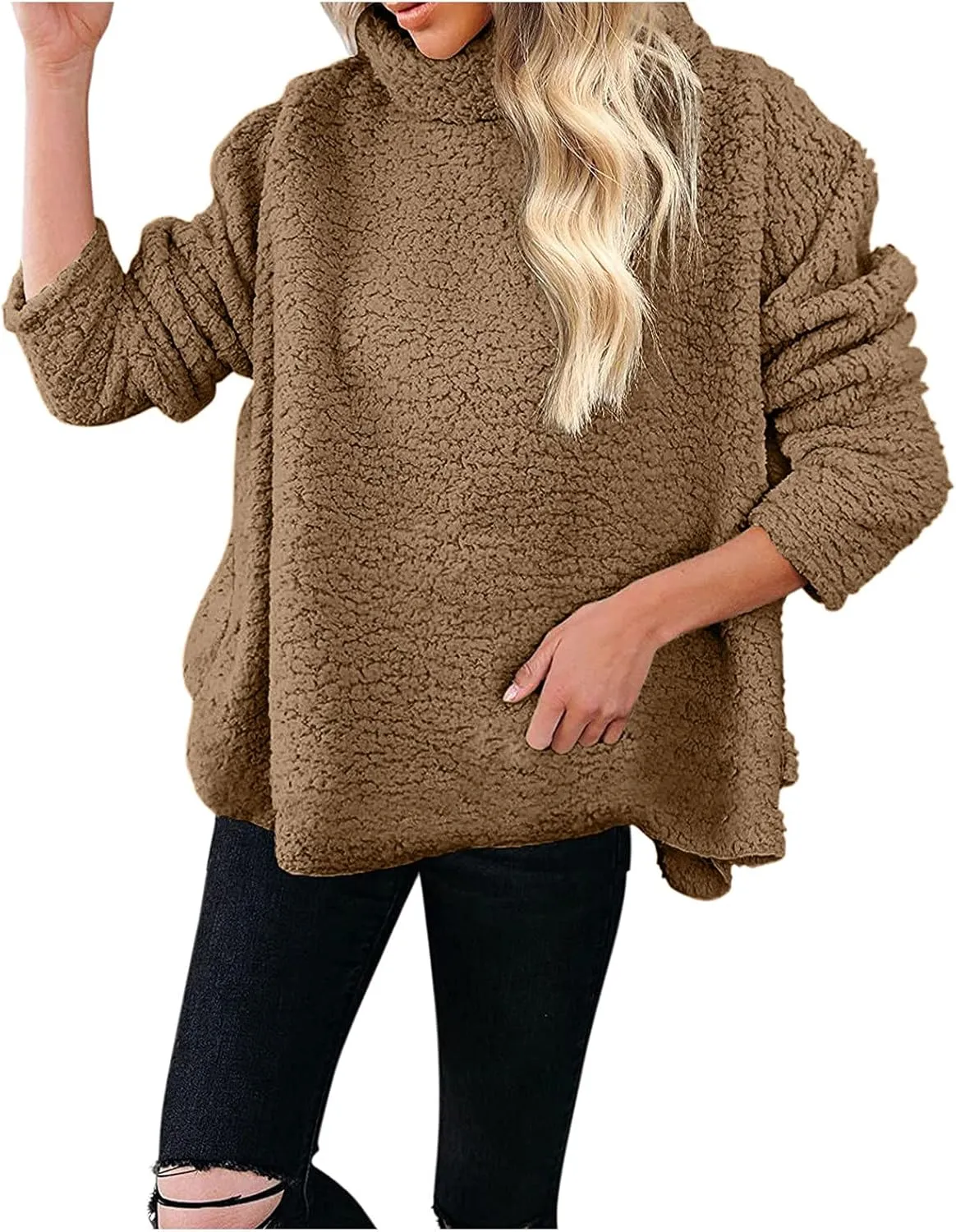 Casual Fuzzy Plush Oversized Sweater for Women Side Split Mock Turtleneck Pullover Sherpa Fleece Warm Soft Thicken Sweatshirt