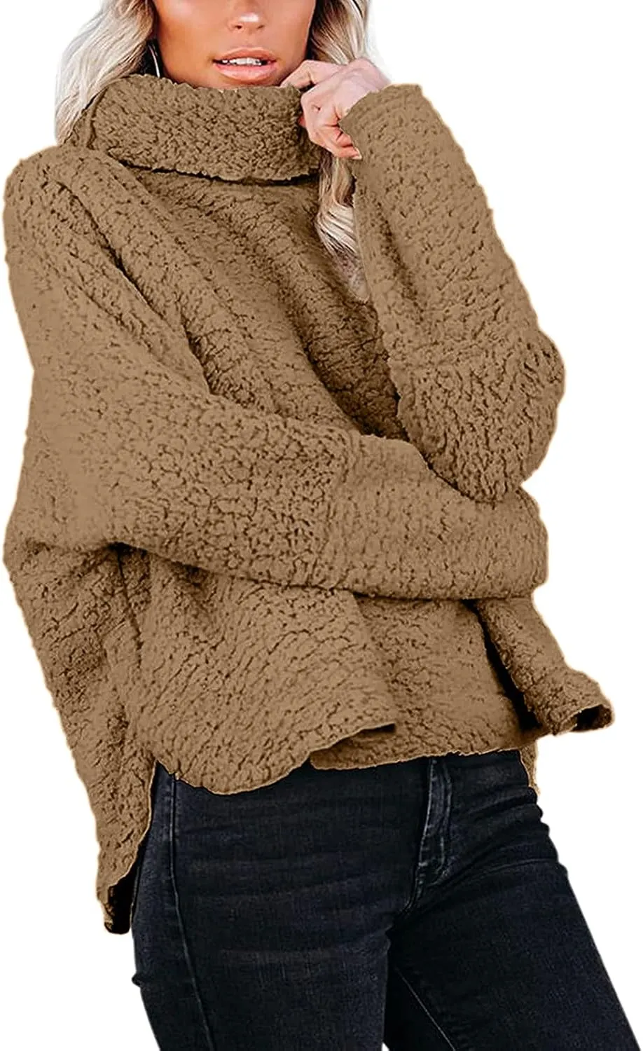 Casual Fuzzy Plush Oversized Sweater for Women Side Split Mock Turtleneck Pullover Sherpa Fleece Warm Soft Thicken Sweatshirt