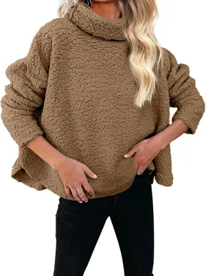 Casual Fuzzy Plush Oversized Sweater for Women Side Split Mock Turtleneck Pullover Sherpa Fleece Warm Soft Thicken Sweatshirt