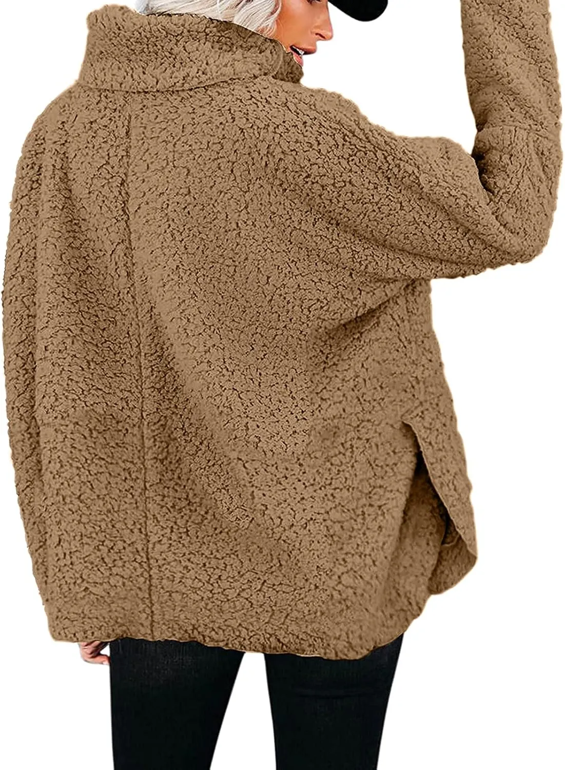Casual Fuzzy Plush Oversized Sweater for Women Side Split Mock Turtleneck Pullover Sherpa Fleece Warm Soft Thicken Sweatshirt