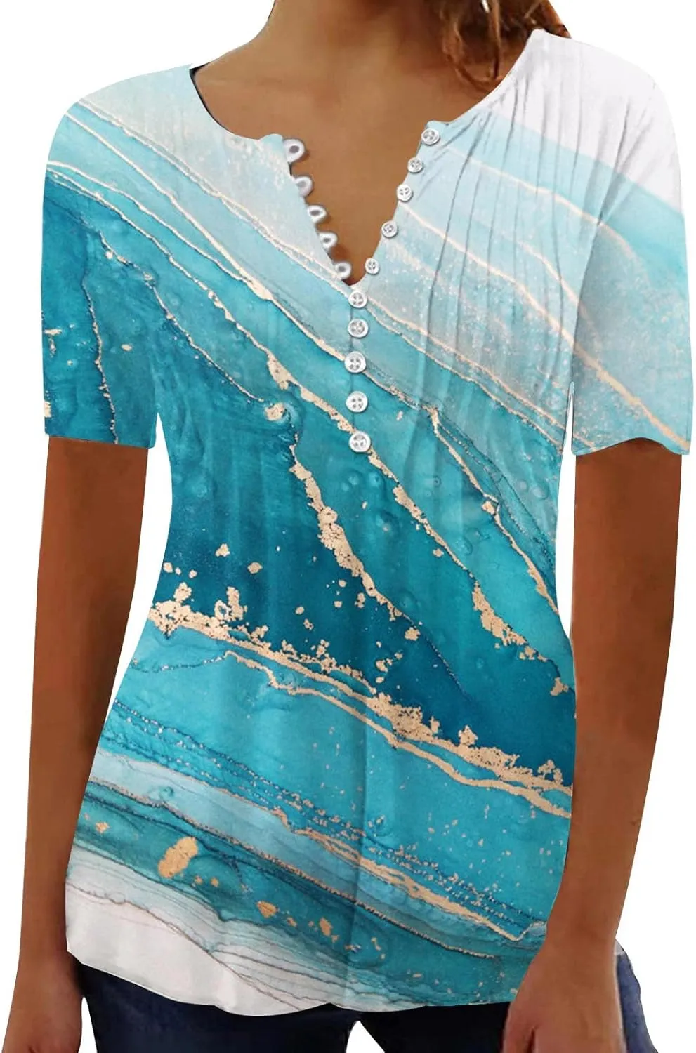 Ceboyel Loose Fitting Tops for Women 2023 Button Down Henley Blouse Floral Short Sleeve Tunic Shirt Dressy Ladies Clothing