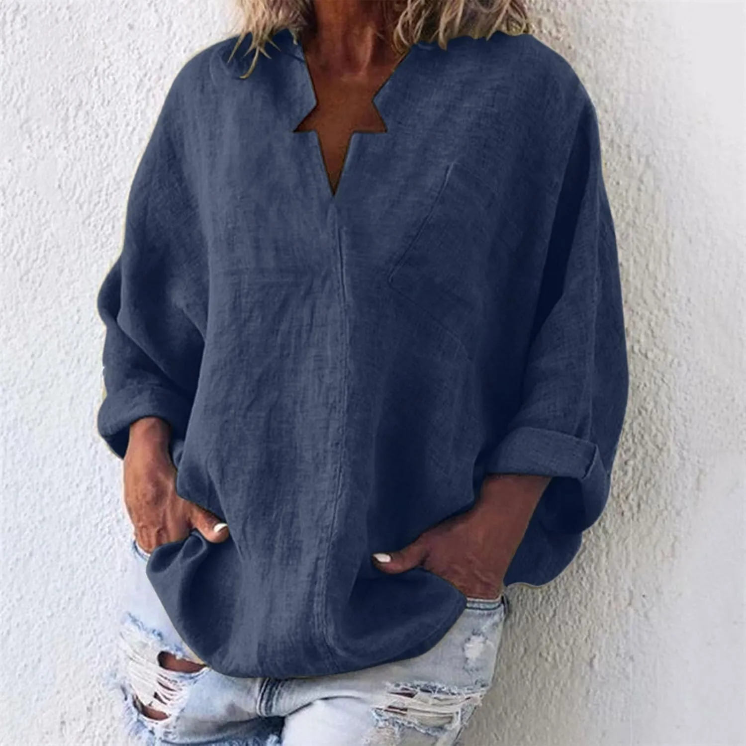 Ceboyel Women Cotton Linen Henley Shirts Oversized Long Sleeve Summer Tops V Neck Blouses Loose Fit Casual Outfits Clothing