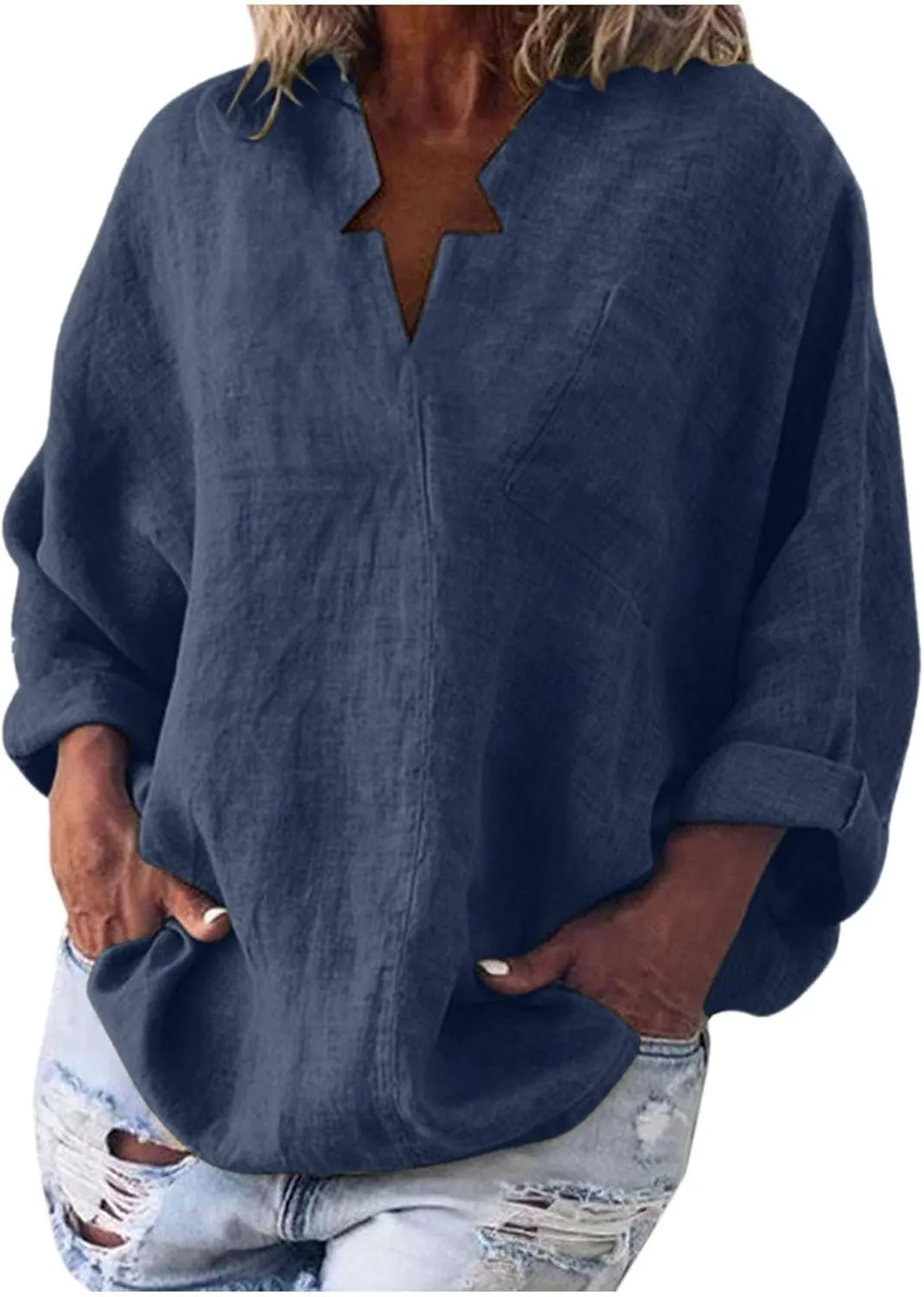 Ceboyel Women Cotton Linen Henley Shirts Oversized Long Sleeve Summer Tops V Neck Blouses Loose Fit Casual Outfits Clothing