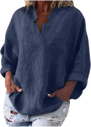 Ceboyel Women Cotton Linen Henley Shirts Oversized Long Sleeve Summer Tops V Neck Blouses Loose Fit Casual Outfits Clothing