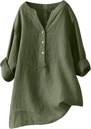 Ceboyel Womens Linen Tops 3/4 Sleeve Summer Blouse Solid Button Down Henley Shirts Tunic Boho Causal Ladies Outfits 2023