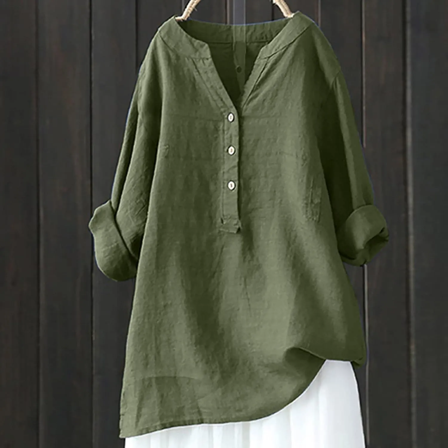 Ceboyel Womens Linen Tops 3/4 Sleeve Summer Blouse Solid Button Down Henley Shirts Tunic Boho Causal Ladies Outfits 2023