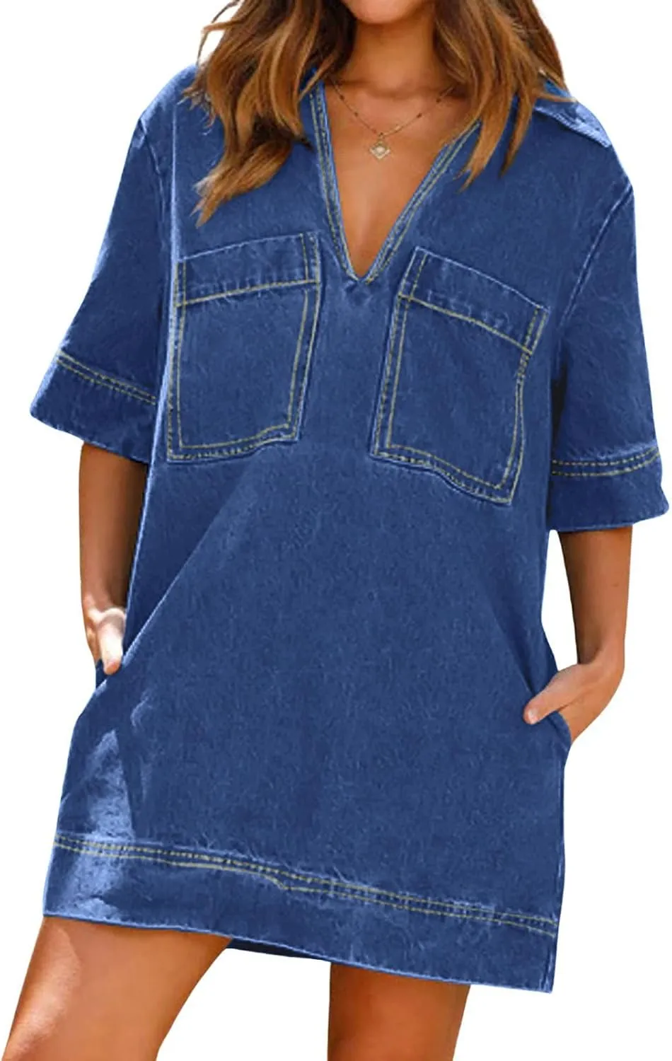 CHARTOU Women Loose Denim Dress Short Sleeve Casual Summer Dress Turn Down Pullover Vintage Tunic Jean Dress