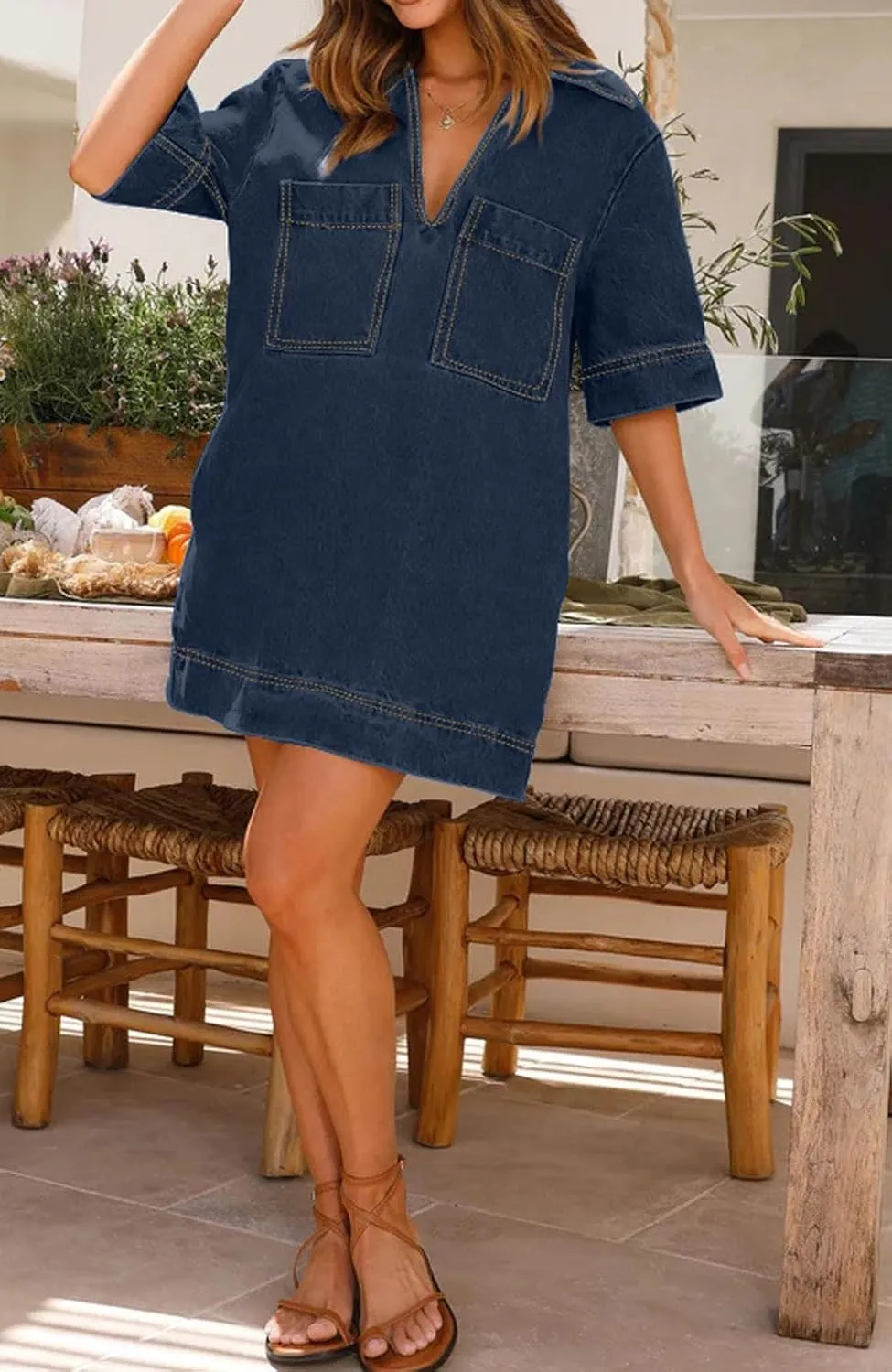 CHARTOU Women Loose Denim Dress Short Sleeve Casual Summer Dress Turn Down Pullover Vintage Tunic Jean Dress