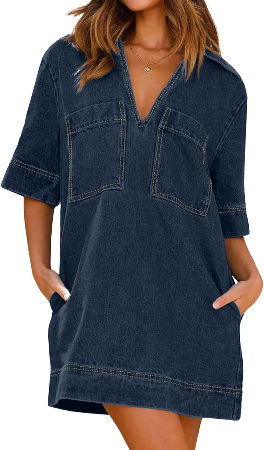 CHARTOU Women Loose Denim Dress Short Sleeve Casual Summer Dress Turn Down Pullover Vintage Tunic Jean Dress