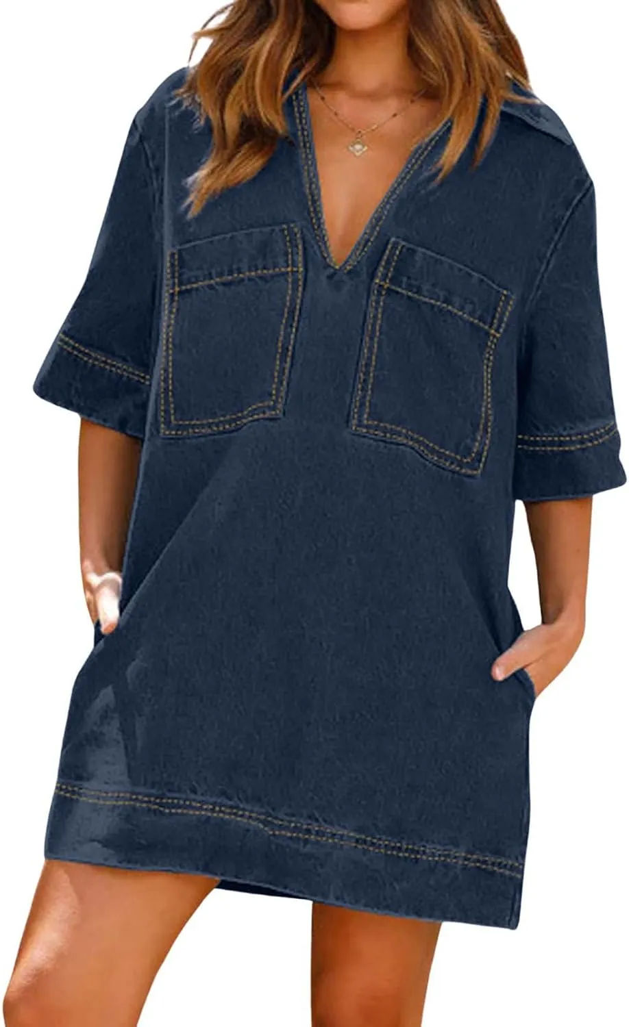 CHARTOU Women Loose Denim Dress Short Sleeve Casual Summer Dress Turn Down Pullover Vintage Tunic Jean Dress