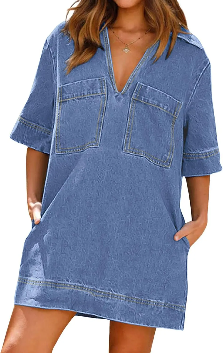 CHARTOU Women Loose Denim Dress Short Sleeve Casual Summer Dress Turn Down Pullover Vintage Tunic Jean Dress