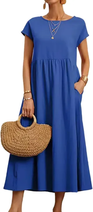 Cotton Dresses for Women 2024 Casual Summer Tee Shirt Midi Long Dress Short Sleeve T Shirts Dresses with Pockets