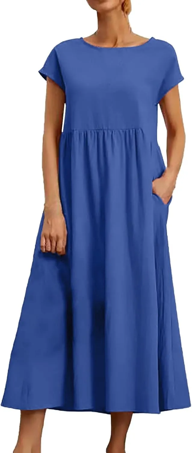 Cotton Dresses for Women 2024 Casual Summer Tee Shirt Midi Long Dress Short Sleeve T Shirts Dresses with Pockets