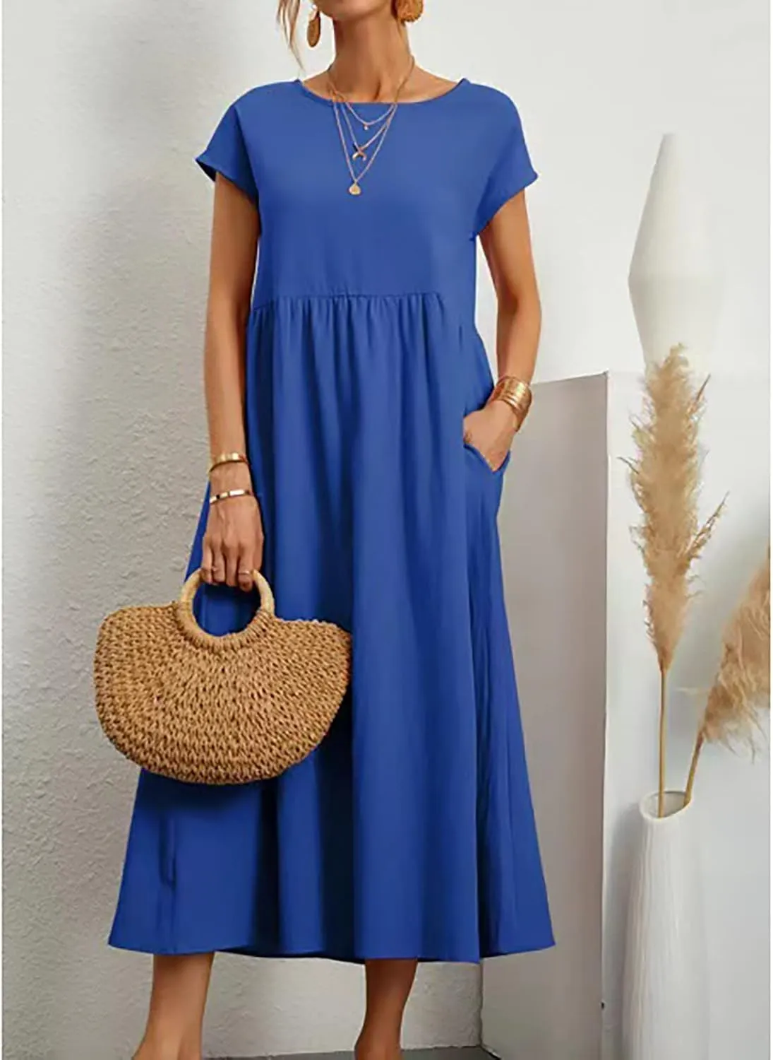 Cotton Dresses for Women 2024 Casual Summer Tee Shirt Midi Long Dress Short Sleeve T Shirts Dresses with Pockets