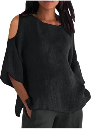 Cotton Linen Top for Women Plus Size Cold Shoulder 3/4 Sleeve Casual Summer Blouse T Shirt Fashion Loose Tunic Shirt