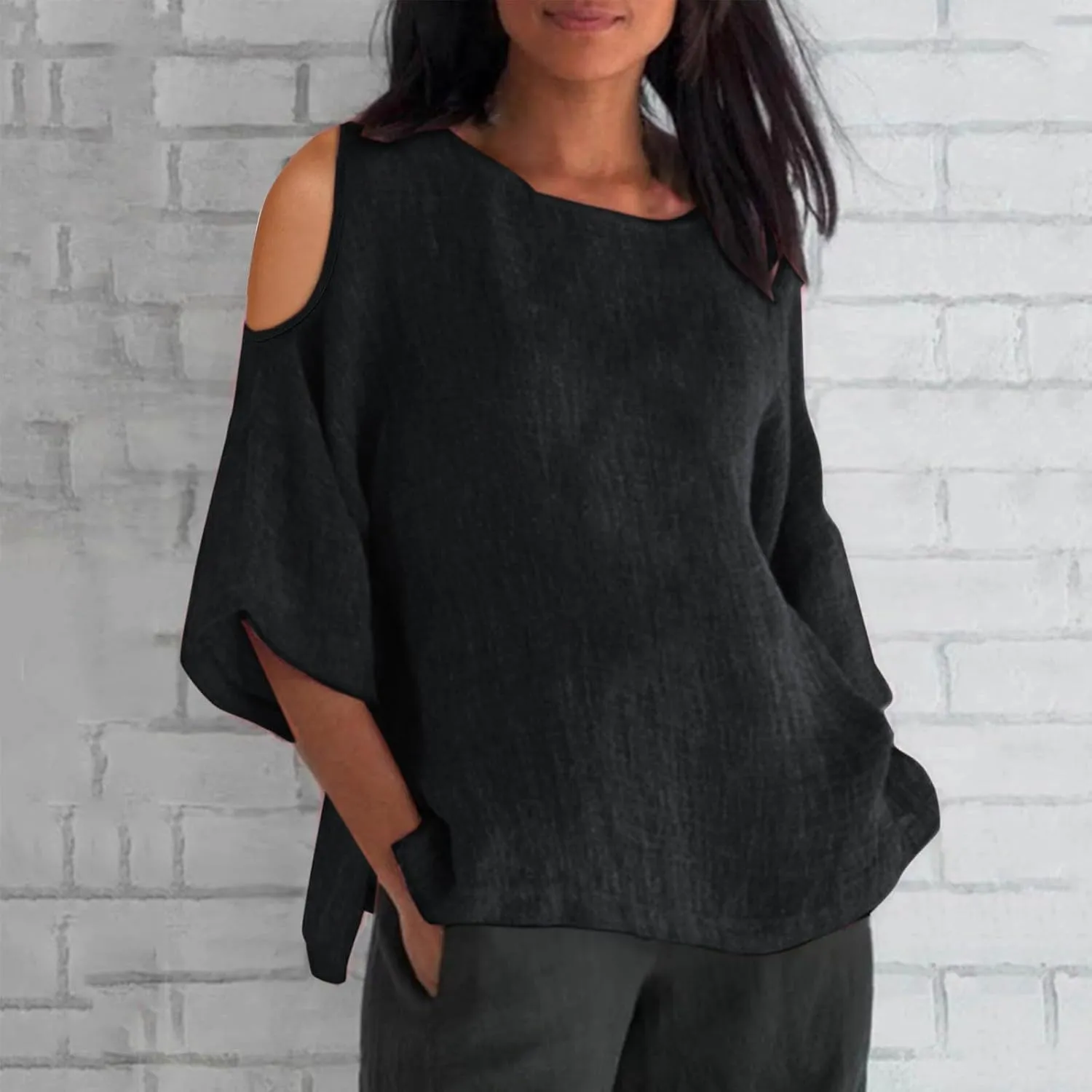 Cotton Linen Top for Women Plus Size Cold Shoulder 3/4 Sleeve Casual Summer Blouse T Shirt Fashion Loose Tunic Shirt