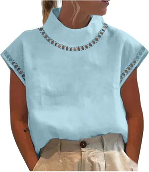 Cotton Tshirts for Women Elegant Cap Sleeve Solid Cotton Linen Tops Summer Fashion Blouse Going Out Trendy Clothes