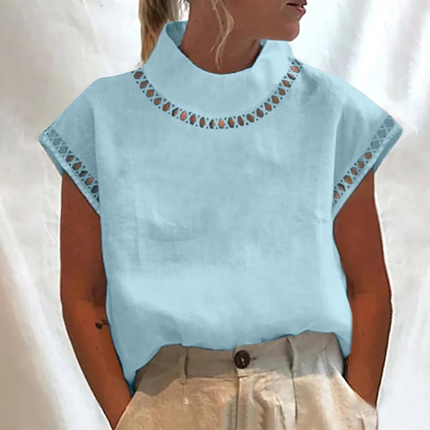 Cotton Tshirts for Women Elegant Cap Sleeve Solid Cotton Linen Tops Summer Fashion Blouse Going Out Trendy Clothes